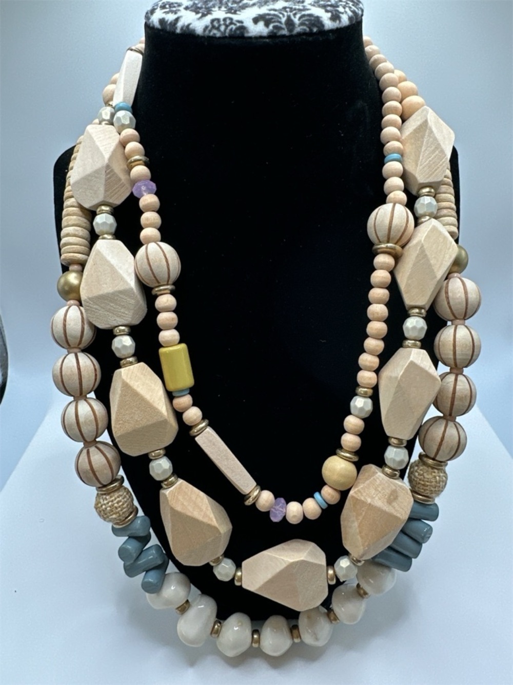 PLUNDER Wood Bead Multi-Strand Necklace - Natural Beige Boho Earthy Accessory